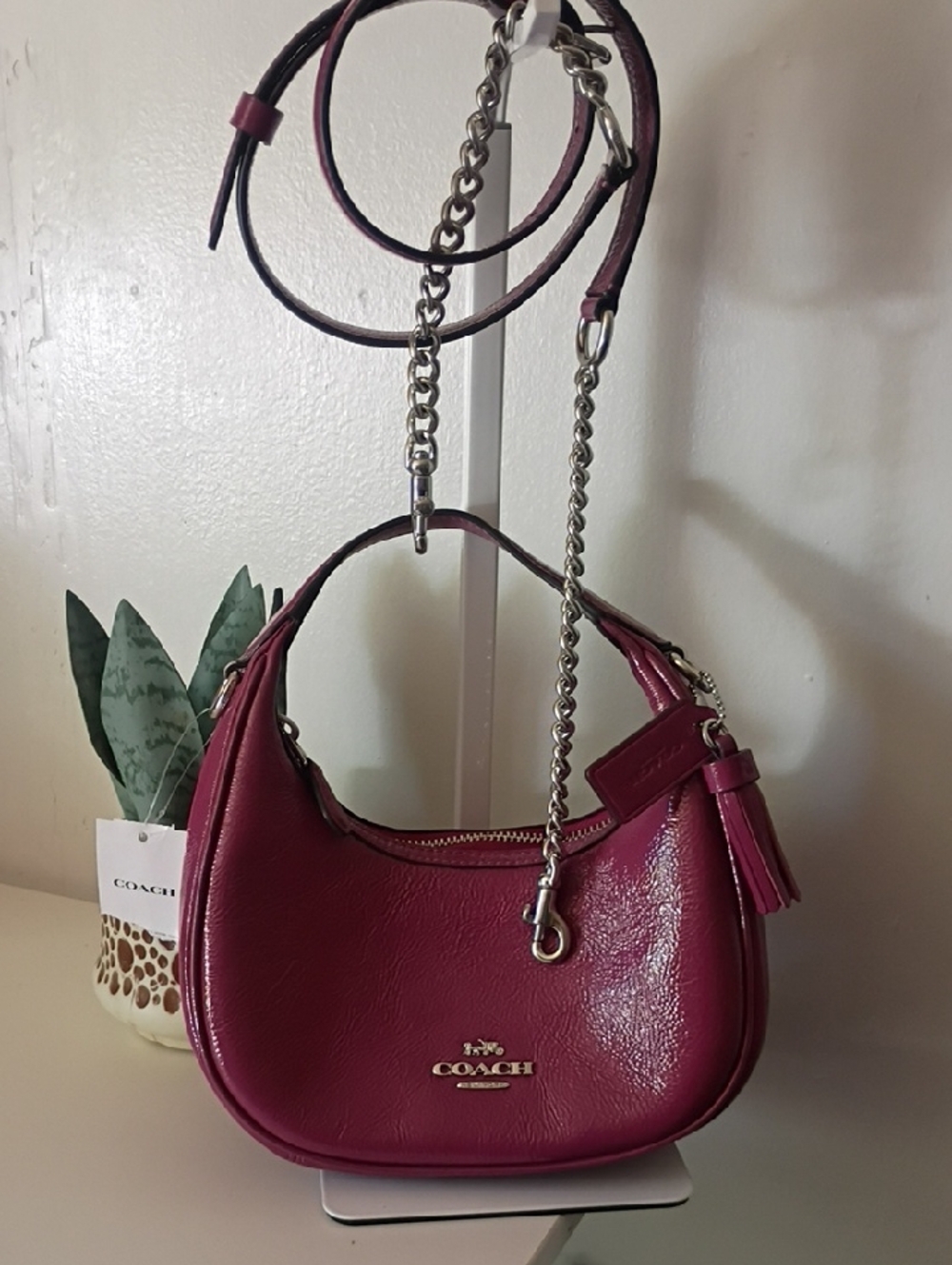 Coach Carmen Mini Berry Pebbled Leather Crescent Shoulder Bag with Chain Strap